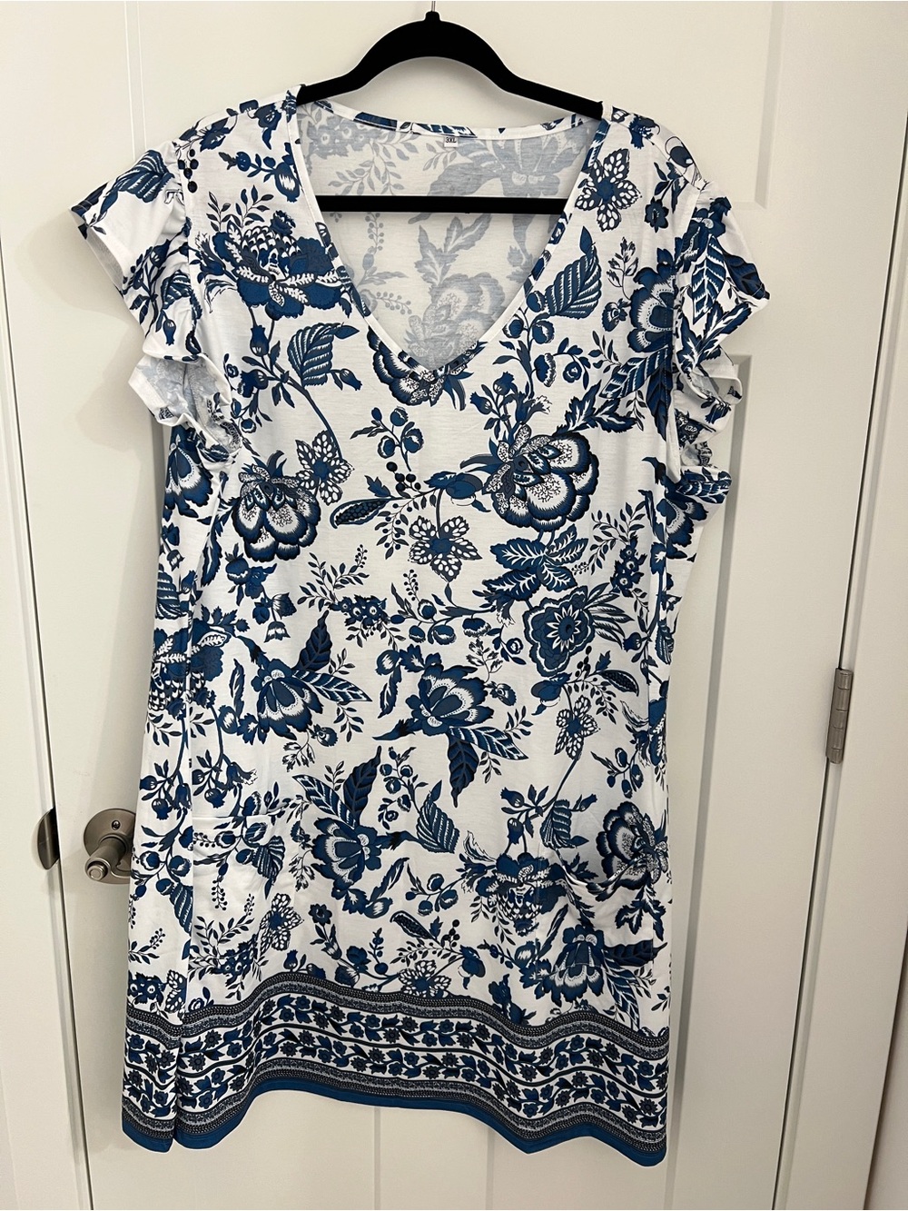 ON SALE!!! Women's Blue Floral V-Neck Lounging Dress with Ruffle Sleeves - 3XL